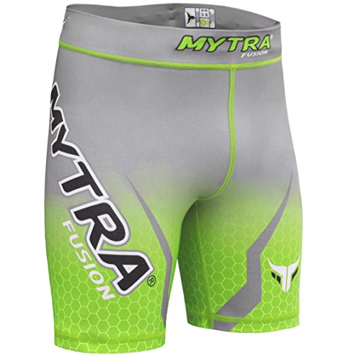 Mytra Fusion Pantalones Cortos Tudo de compresión, para MMA con compresión térmica, para Crossfit con Capa Base, para Correr y Vale tudo (Verde y Gris, XL)