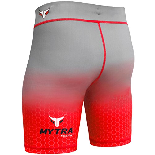 Mytra Fusion Tudo – Pantalones Cortos de compresión Shorts MMA térmica compresión Pantalones Cortos Crossfit Base Capa Running Short Heat Gear Trunks Vale Tudo (Gery, tamaño Grande), Color Rojo