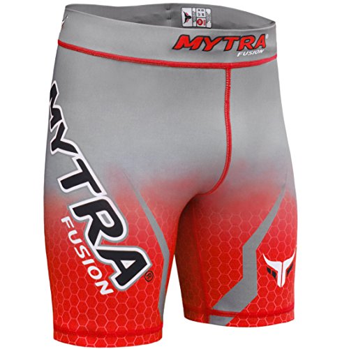 Mytra Fusion Tudo – Pantalones Cortos de compresión Shorts MMA térmica compresión Pantalones Cortos Crossfit Base Capa Running Short Heat Gear Trunks Vale Tudo (Gery, tamaño Grande), Color Rojo