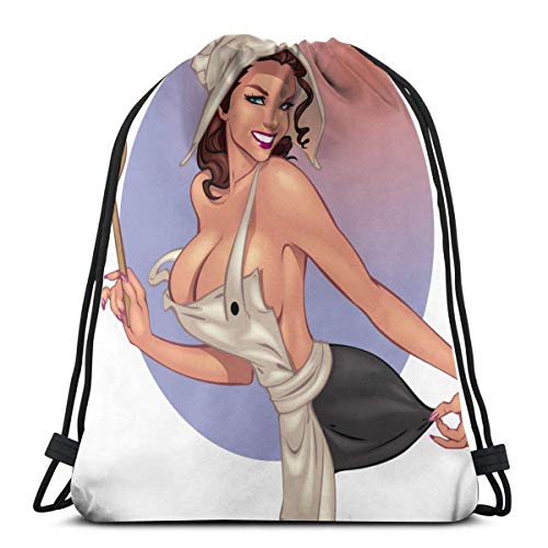 N / A Bolsa De Cincha,Bolsas con Cordón De Gimnasio,Mochila Cordónes,Pinup Cocinero Sexy Chef Girl Bolsas con Cordón De Gimnasio por Hombre Mujer