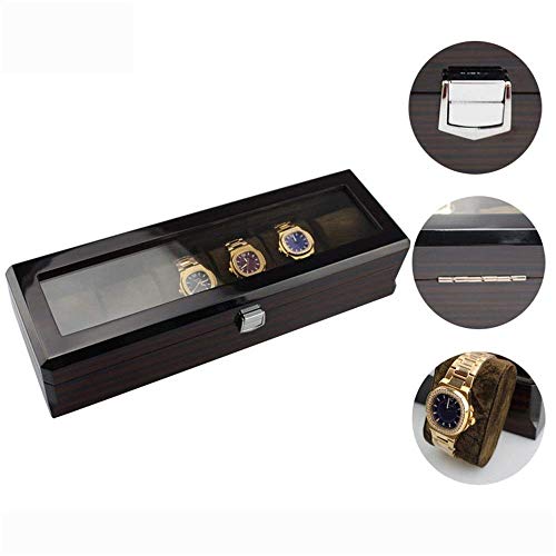 N/ A Caja de Reloj 6 Ranuras Relojes para Hombres Almacenamiento Material de Madera Vitrina Organizador Cubierta Superior con Tapa de Cristal Joyería con Almohadas Portátil