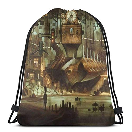 N / A Mochila Cordónes,Bolsas con Cordón De Gimnasio,Bolsa De Cincha,Ciencia Ficción Maquinaria Reloj Steampunk Steel Industrial City Bolsas De Cordones por Hombre Mujer