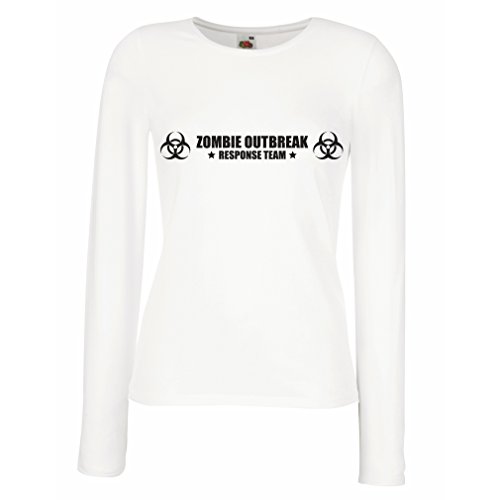 N4519M Mangas largas Camiseta de la Hembra Zombie Outbreak Response Team (XX-Large Blanco Negro)