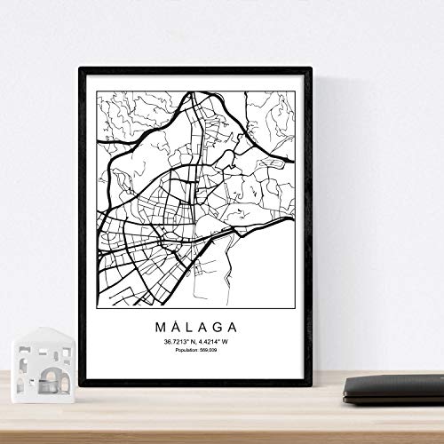 Nacnic Lámina Mapa de la Ciudad Malaga Estilo nordico en Blanco y Negro. Poster tamaño A3 Sin Marco Impreso Papel 250 gr. Cuadros, láminas y Posters para Salon y Dormitorio