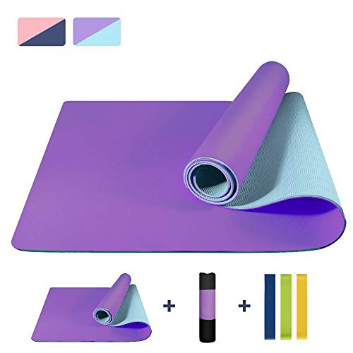 NAFFIC Esterilla Yoga,Alfombrilla de Yoga Texturizada Antideslizante 3*Banda de Resistencia,1* Correa de Transporte para Ejercicios para Yoga,Pilates y Ejercicios de Piso 183x61x0.6 cm (Rosado-Azul)