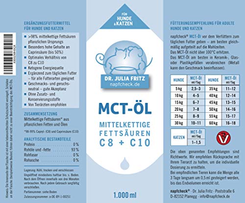 napfcheck Aceite MCT, ácidos grasos de Cadena Media C8 y C10, para Perros y Gatos, 1000 ml