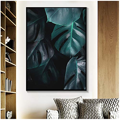 Naturaleza Tropical Hoja de palma Monstera Lienzo Pintura nórdica Carteles e impresiones Imagen de arte de pared para sala de estar Hogar-50x70cm (19.7"x27.6") Con marco