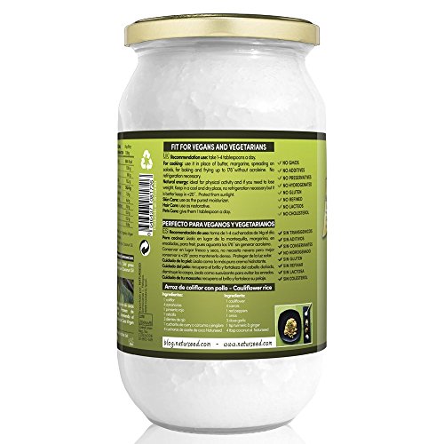 Naturseed Aceite de coco - Virgen Extra Organico, Ecologico - Puro, Natural - 1000ml - Para el Cabello y El Cuerpo, Facial, Dientes , Bebes, Para Cocinar - Masaje con Aceites Esenciales - Ebook Gratis