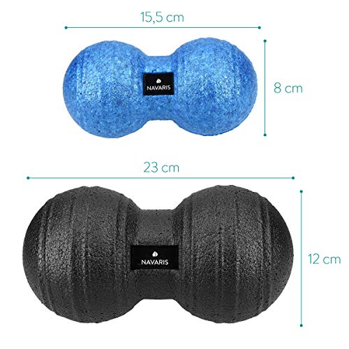 Navaris 2x bolas de masaje - Bolas en forma de cacahuete para automasaje - Rodillo para liberación miofascial - Massage balls negro y azul