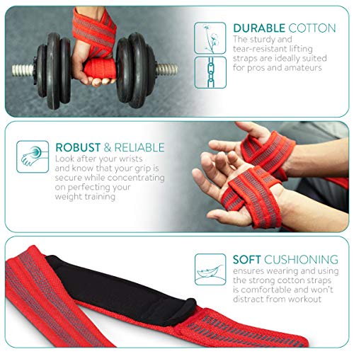 Navaris Correas para Levantamiento de Pesas - Set de 2 Straps para un Mejor Agarre en el Gimnasio - Cintas para Levantar Peso en el Gym - en Rojo