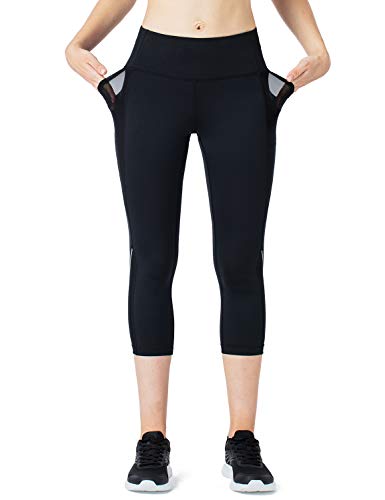 NAVISKIN Leggings 3/4 Mujer Fitness Cintura Alta Pantalones Deportivos Mallas para Running Training Estiramiento Yoga y Pilates, Negro,S