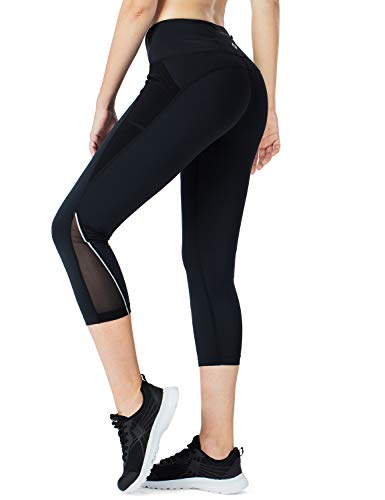 NAVISKIN Leggings 3/4 Mujer Fitness Cintura Alta Pantalones Deportivos Mallas para Running Training Estiramiento Yoga y Pilates, Negro,S