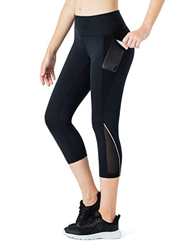 NAVISKIN Leggings 3/4 Mujer Fitness Cintura Alta Pantalones Deportivos Mallas para Running Training Estiramiento Yoga y Pilates, Negro,S