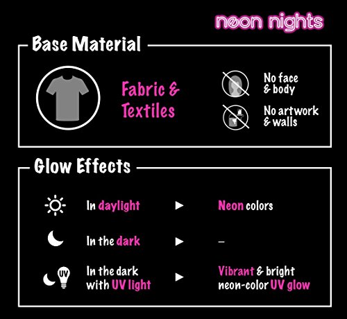 neon nights 8 x Pintura para Tejidos UV Luz Negra Pintura Textiles Lavable Tinte Ropa Camiseta Colores Neón Colorido
