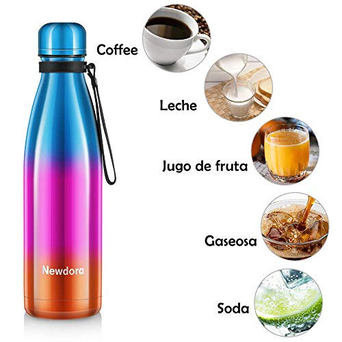 Newdora Botella de Agua Acero Inoxidable 500ml, Aislamiento de Vacío de Doble Pared, Botellas de Frío/Caliente, con 1 un Cepillo de Limpieza, para Niños, Deporte, Oficina, Gimnasio, Ciclismo (Chapado)