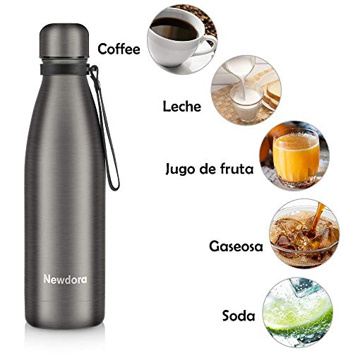 Newdora Botella de Agua Acero Inoxidable 500ml, Aislamiento de Vacío de Doble Pared, Botellas de Frío/Caliente, con 1 un Cepillo de Limpieza, para Niños, Deporte, Oficina, Gimnasio, Ciclismo