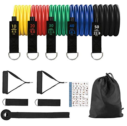 Newlemo Bandas de Resistencia, Cintas Elasticas Musculacion 12 PCS - 5 Gomas Elasticas Musculacion, 2 Manijas, 2 Correas para Tobillos, Anclaje para Puerta, Adecuado para Gimnasio en Casa