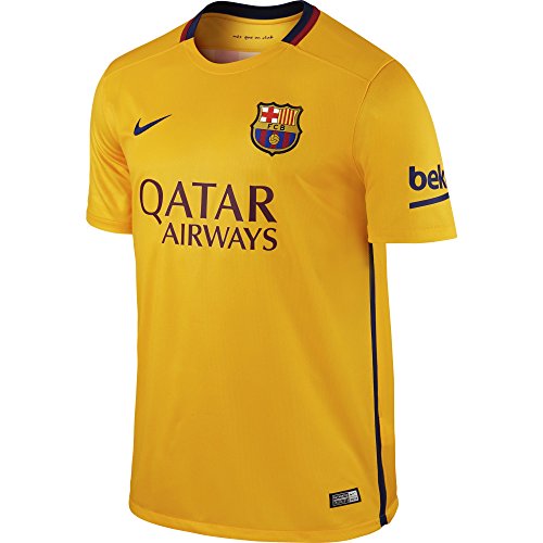 Nike FC Barcelona Away Stadium - Camiseta de mangas cortas para hombre, color dorado / azul, talla L