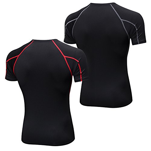 Niksa 2 Piezas Camisetas de Fitness Compresión Ropa Deportiva Manga Corta Hombre para Correr, Ejercicio,Gimnasio Negro Gris+ Negro Rojo 1053(M)