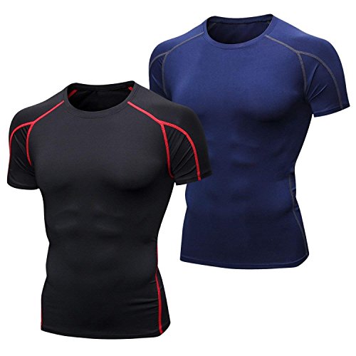 Niksa 2 Piezas Camisetas de Fitness Compresión Ropa Deportiva Manga Corta Hombre para Correr, Ejercicio,Gimnasio Negro Rojo+Azul Marino 1053(L)