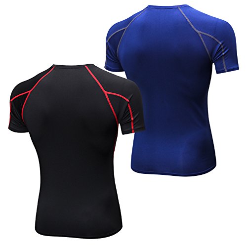 Niksa 2 Piezas Camisetas de Fitness Compresión Ropa Deportiva Manga Corta Hombre para Correr, Ejercicio,Gimnasio Negro Rojo+Azul Marino1053(S)