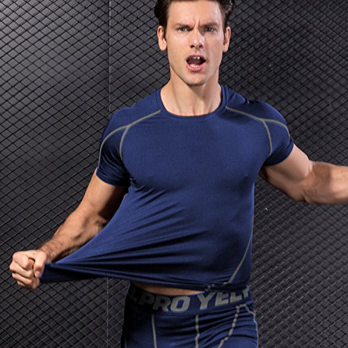 Niksa 2 Piezas Camisetas de Fitness Compresión Ropa Deportiva Manga Corta Hombre para Correr, Ejercicio,Gimnasio Negro Rojo+Azul Marino1053(S)