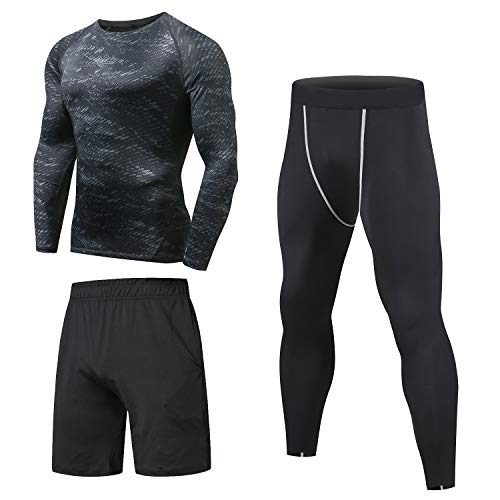 Niksa 3 Piezas Conjunto de Compresion Hombre, Camisetas Compression Mallas Running Pantalon Corto Deporte Ropa Deportiva Hombre para Running, Correr, Gym, Fitness 2XL