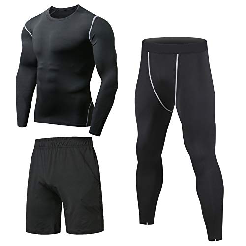 Niksa 3 Piezas Conjunto de Compresion Hombre, Camisetas Compression Mallas Running Pantalon Corto Deporte Ropa Deportiva Hombre para Running, Correr, Gym, Fitness XL