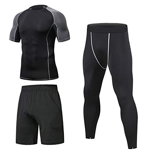 Niksa 3 Piezas Conjunto de Compresion Hombre, Camisetas Compression Mallas Running Pantalon Corto Deporte Ropa Deportiva Hombre para Running, Correr, Gym, Fitness L