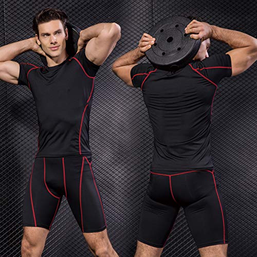 Niksa Mallas Cortas Running Hombre Pantalones Cortos de Compresión para Deporte, Fitness, Gym Negro Rojo Large