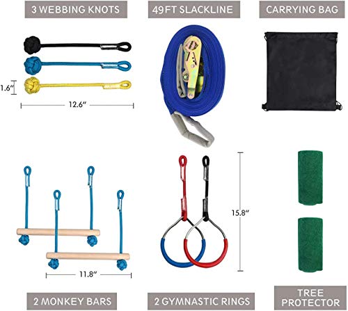 Ninja Obstacle Course Line Kit Slackline, Ninja Slackline Monkey Bar Kit Outdoor Tree Hanging Obstáculos Line Training Equipment Patio Al Aire Libre Diversión para Niños Adultos