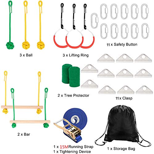 Ninja Obstacle Course Line Kit Slackline, Ninja Slackline Monkey Bar Kit Outdoor Tree Hanging Obstáculos Line Training Equipment Patio Al Aire Libre Diversión para Niños Adultos