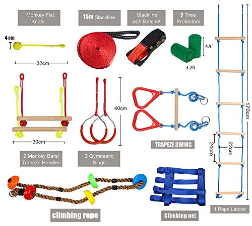 Ninja Rope Slackline Monkey Bar Kit Juego De Accesorios Para Slackline Para Niños Equipado Con Los Accesorios Más Completos Para Niños Con Cuerda De Escalada, Escalera De Cuerda, Red De Obstáculos.