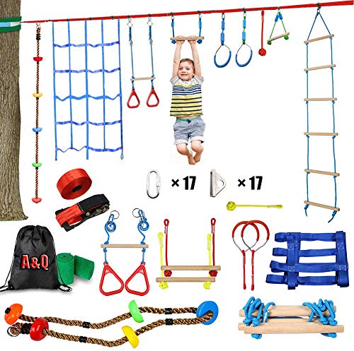 Ninja Rope Slackline Monkey Bar Kit Juego De Accesorios Para Slackline Para Niños Equipado Con Los Accesorios Más Completos Para Niños Con Cuerda De Escalada, Escalera De Cuerda, Red De Obstáculos.