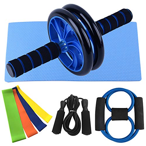 Nishore Rueda Abdominales Fitness, AB Roller Wheel Abdominal, con Banda de Resistencia de 8 Formas Banda de Lazo Kit de Paquete de Cuerda de Salto, Gimnasio en Casa Conjunto de Ejercicios