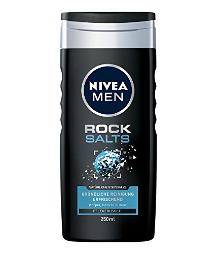 Nivea Men Rock Salts Gel de ducha en paquete de 6 unidades (6 x 250 ml), gel de ducha nutritivo y refrescante con sales de piedra natural limpia eficazmente el cuerpo, la cara y el cabello