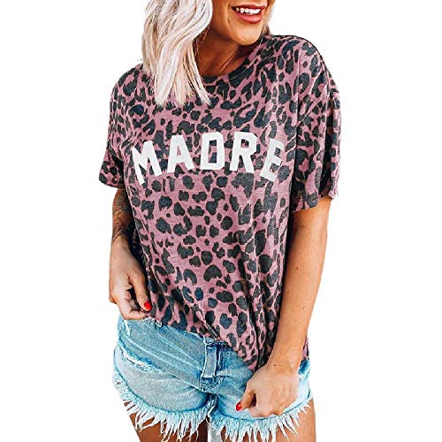 NOBRAND - Camiseta de manga corta con estampado de leopardo para mujer Rosa Leopardo Rosa L