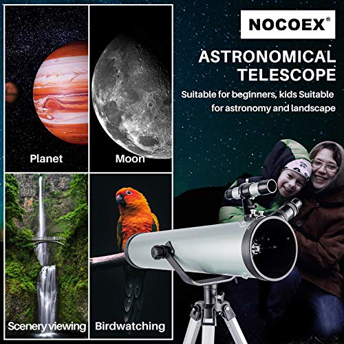 NOCOEX Telescopio para Principiantes y Niños - Apertura de 76 mm 700mm f/9 Reflector Newtoniano - Ocular*3, 1.5X Erigiendo, Lente 2X Bralow Trípode, Adaptador de Teléfono, Control de Obturador