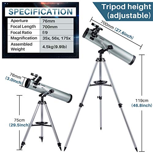 NOCOEX Telescopio para Principiantes y Niños - Apertura de 76 mm 700mm f/9 Reflector Newtoniano - Ocular*3, 1.5X Erigiendo, Lente 2X Bralow Trípode, Adaptador de Teléfono, Control de Obturador