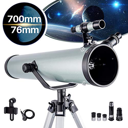 NOCOEX Telescopio para Principiantes y Niños - Apertura de 76 mm 700mm f/9 Reflector Newtoniano - Ocular*3, 1.5X Erigiendo, Lente 2X Bralow Trípode, Adaptador de Teléfono, Control de Obturador