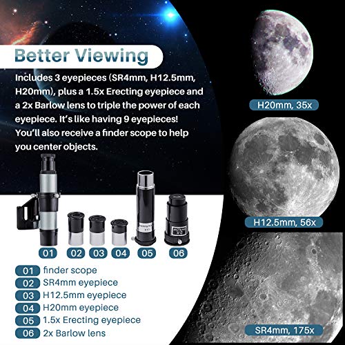 NOCOEX Telescopio para Principiantes y Niños - Apertura de 76 mm 700mm f/9 Reflector Newtoniano - Ocular*3, 1.5X Erigiendo, Lente 2X Bralow Trípode, Adaptador de Teléfono, Control de Obturador