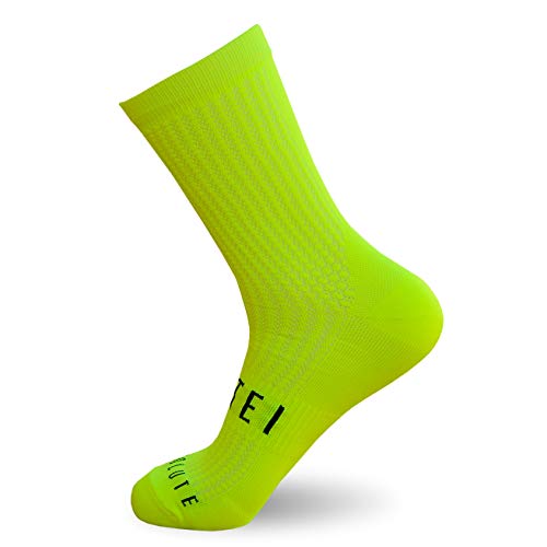 NORTEI Calcetines Amarillo Flúor para Ciclismo, MTB y Running de Caña Alta para Hombre y Mujer – Absolute Yellow (S-M (38-42))