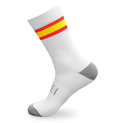 NORTEI - Calcetines Bandera España para Ciclismo, MTB y Running de Meryl para Hombre y Mujer – Spain – (M(42-42), Blanco)