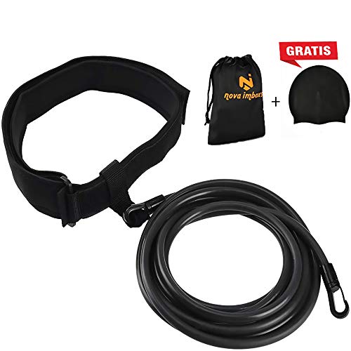 Nova imboxs Nadador Estático,Cinturón de natación Ajustable para Piscinas de natación, Goma elástica natación con un Gorro de natación Gratis (Negro)