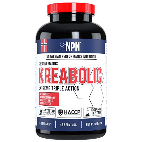 NPN Kreabolic | Triple mezcla de creatina para una fuerza explosiva | Fuerza muscular y potenciador de volumen | 45 porciones | 270 cápsulas