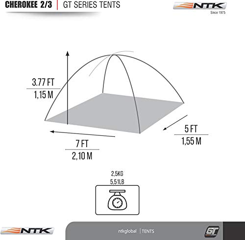 NTK Tienda de Campaña Resistente 100% Impermeable para 2 a 3 Personas Acampada al Aire Libre y Senderismo Tamaño 210 x 155 x 115 cm - Cherokee GT 2/3