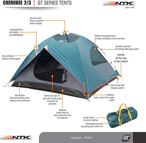 NTK Tienda de Campaña Resistente 100% Impermeable para 2 a 3 Personas Acampada al Aire Libre y Senderismo Tamaño 210 x 155 x 115 cm - Cherokee GT 2/3