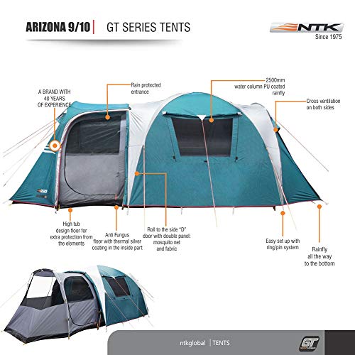 NTK Tienda de Campaña Resistente 100% Impermeable para 9 a 10 Personas (2 Habitaciones) Acampada al Aire Libre y Senderismo Tamaño Familiar 530 x 245 x 205 cm - Arizona GT 9/10