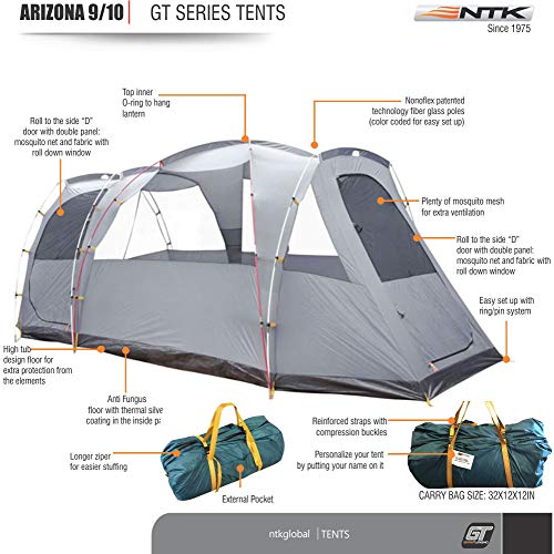 NTK Tienda de Campaña Resistente 100% Impermeable para 9 a 10 Personas (2 Habitaciones) Acampada al Aire Libre y Senderismo Tamaño Familiar 530 x 245 x 205 cm - Arizona GT 9/10