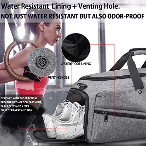 NUBILY Bolsa de Deporte Hombre Bolsas Gimnasio Mujer de Grande Viaje Impermeable con Compartimento para Zapatos Bolsos Deportivos Bolsa Fin de Semana Travel Duffle Bag para Hombres 45l Gris